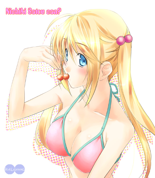 minamino kanata, original, 1girl, bikini, bikini top only, blonde hair, blue eyes, blush, breasts, cherry, female focus, food, fruit, hair bobbles, hair ornament, holding, holding food, holding fruit, large breasts, long hair, solo, swimsuit, twintails