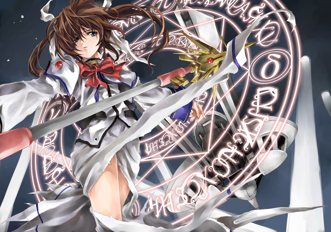 raid slash, raising heart, raising heart (exelion mode), takamachi nanoha, takamachi nanoha (sacred mode), lyrical nanoha, mahou shoujo lyrical nanoha, mahou shoujo lyrical nanoha a's, mahou shoujo lyrical nanoha strikers, 00s, 1girl, bow, female focus, magazine (weapon), magic circle, magical girl, purple eyes, red bow, red hair, solo, spacecraft, torn clothes, twintails, white devil