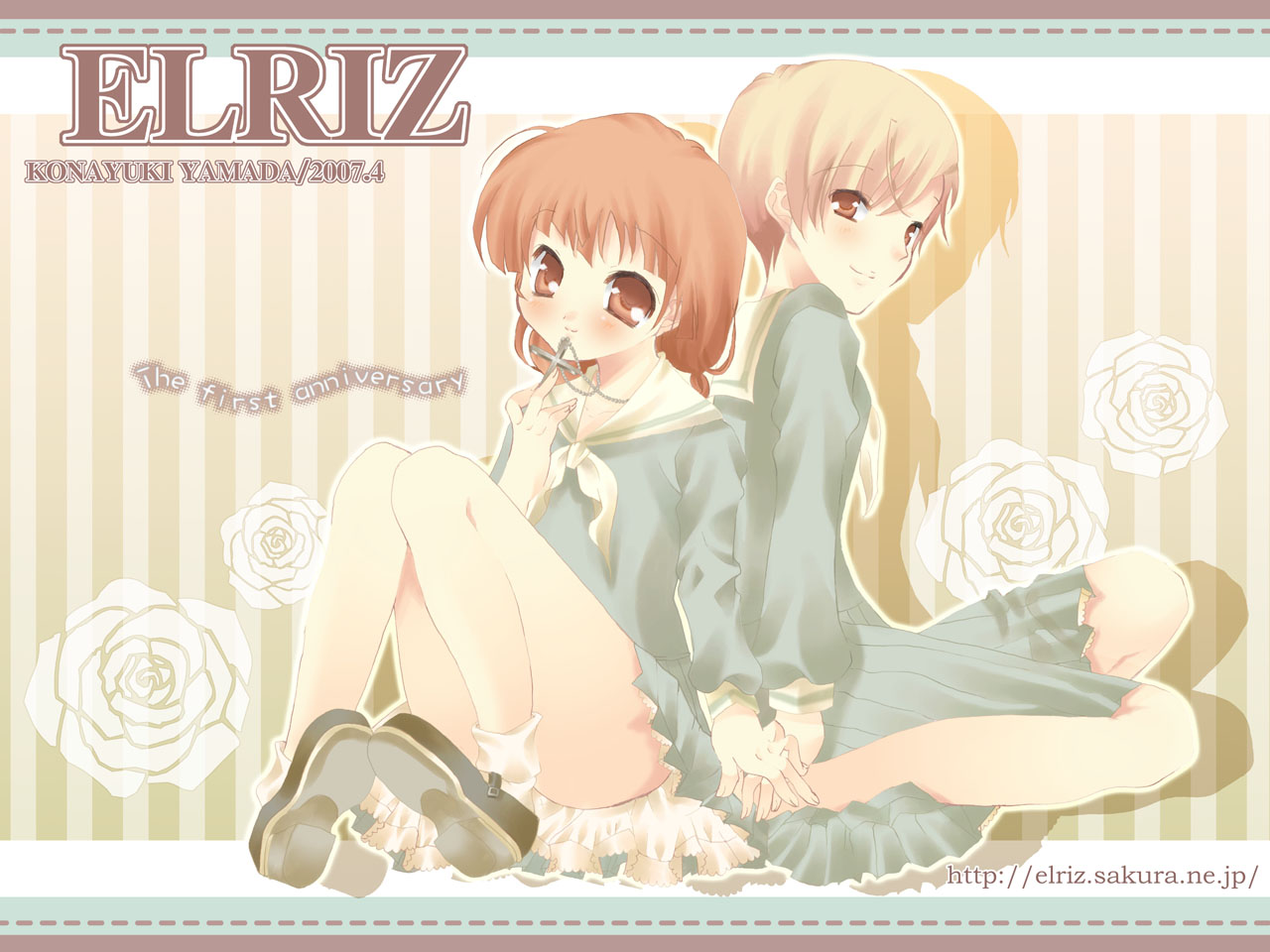 yamada konayuki, hasekura rei, shimazu yoshino, maria-sama ga miteru, get, 00s, 2007, 2girls, androgynous, bare legs, blonde hair, brown eyes, brown hair, cross, cross necklace, flower, holding hands, jewelry, latin cross, mary janes, multiple girls, necklace, pleated skirt, rosary, rose, school uniform, serafuku, shoes, sitting, skirt, smile, socks, striped background