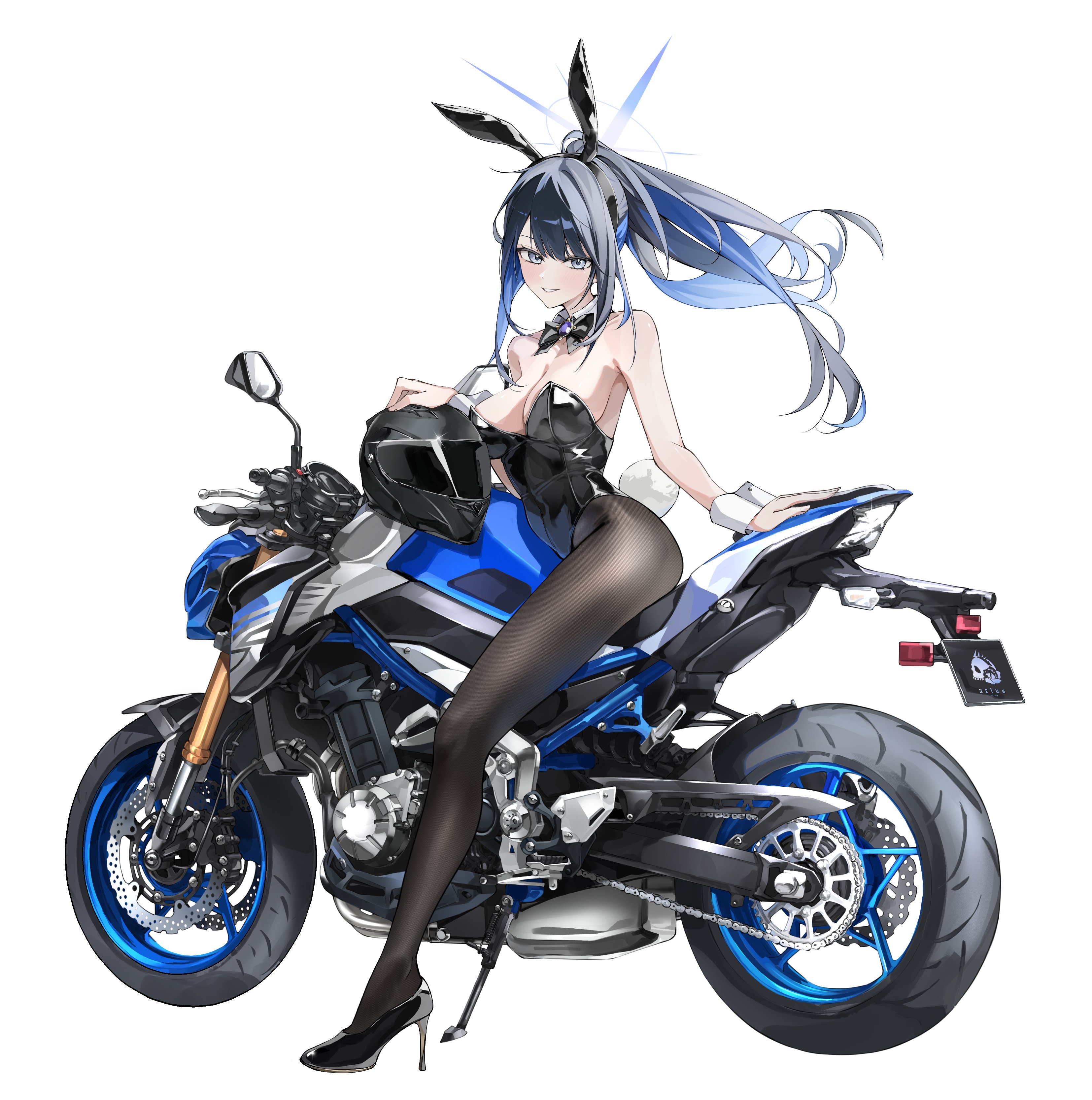 devid (devis515333), saori (blue archive), blue archive, absurdres, highres, 1girl, animal ears, black bow, black helmet, black leotard, black pantyhose, blue hair, blue halo, bow, breasts, colored inner hair, detached collar, halo, helmet, high heels, large breasts, leotard, motor vehicle, motorcycle, motorcycle helmet, multicolored hair, on motorcycle, pantyhose, playboy bunny, ponytail, rabbit ears, shiny leotard, simple background, smile, solo, white background, wrist cuffs