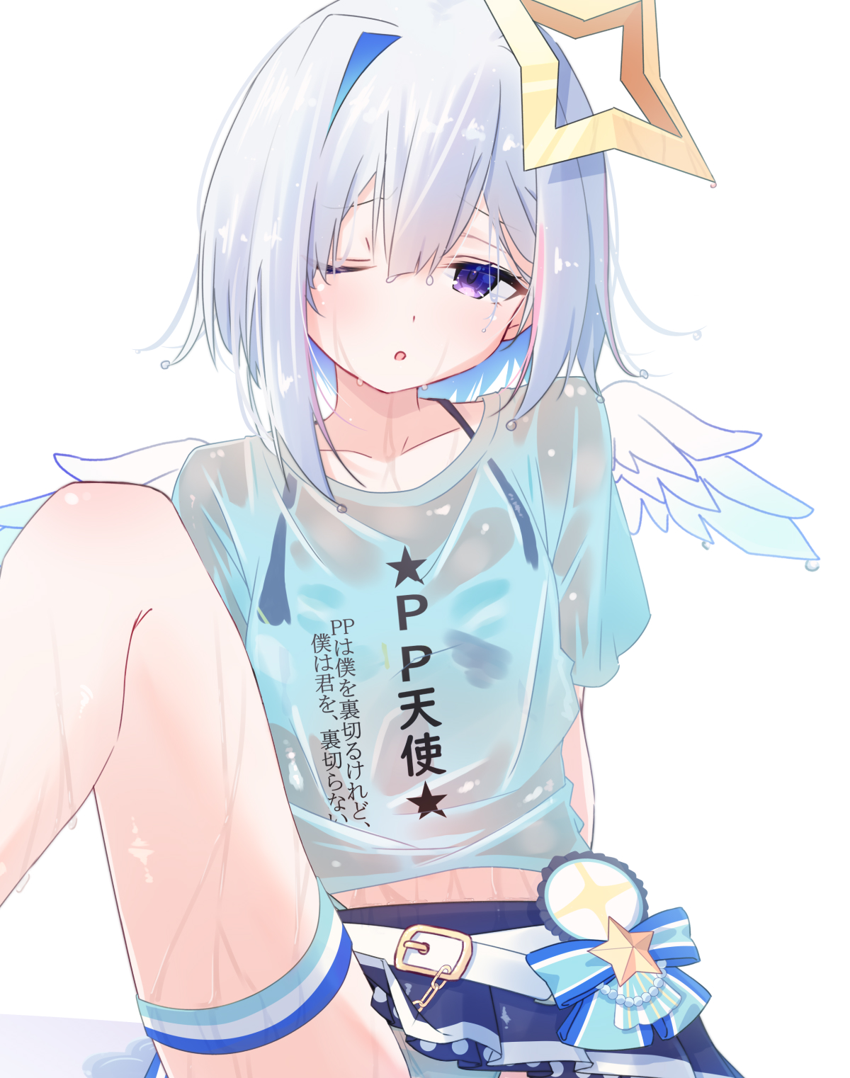 capuchi (111cappuccino), amane kanata, hololive, highres, bikini, bikini skirt, bikini under shorts, halo, hololive summer 2023 swimsuit, layered bikini, official alternate costume, shirt, striped bikini, striped clothes, swimsuit, wet, wet clothes, wet hair, wet shirt