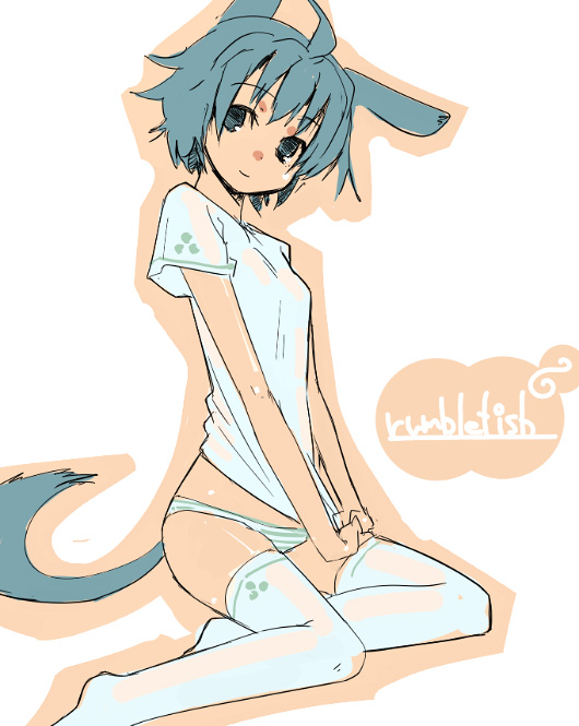refeia, animal ears, dog ears, dog tail, flat chest, panties, solo, striped clothes, striped panties, tail, thighhighs, underwear