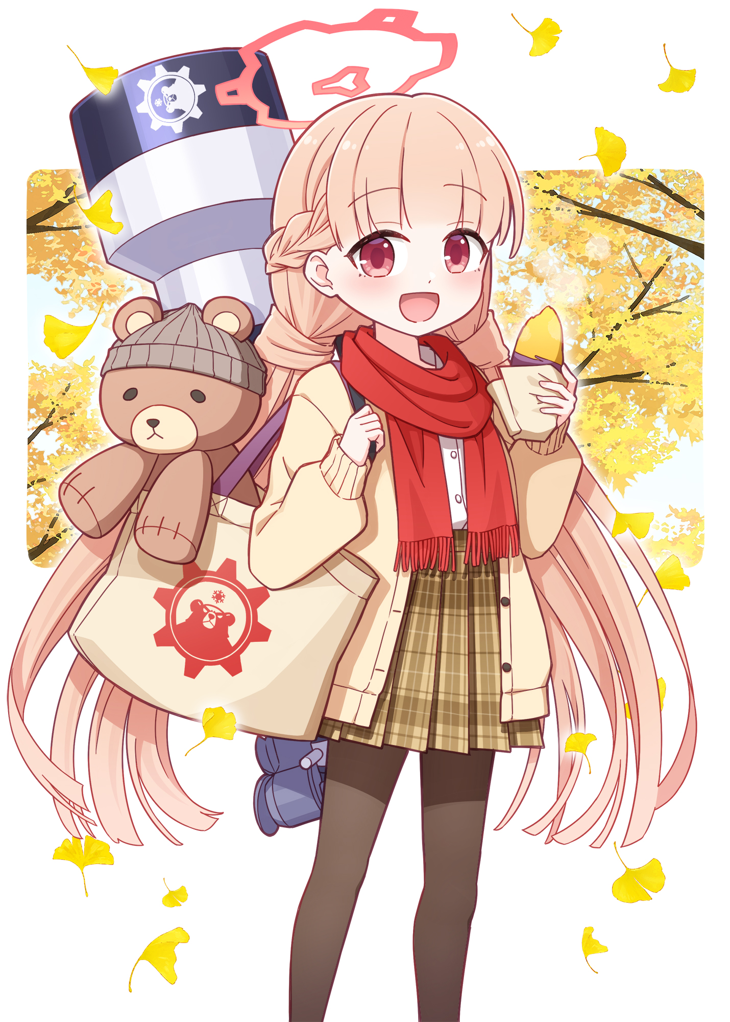 harada (sansei rain), nodoka (blue archive), blue archive, highres, 1girl, autumn leaves, food, halo, leaf, long hair, pantyhose, plaid clothes, plaid skirt, red eyes, red scarf, scarf, shirt, skirt, smile, solo, stuffed animal, stuffed toy, sweet potato, teddy bear, white shirt