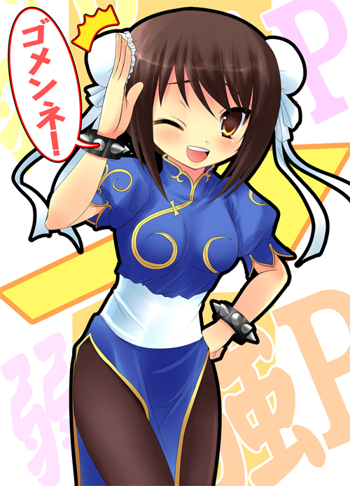 yukizuki chikuba, chun-li, suzumiya haruhi, capcom, street fighter, suzumiya haruhi no yuuutsu, 1girl, brown hair, china dress, chinese clothes, chun-li (cosplay), cosplay, dress, female focus, pantyhose, parody, pelvic curtain, salute, short hair, solo