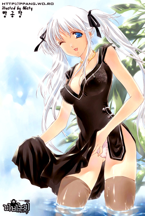 nao (mabinogi), mabinogi, 1girl, blue eyes, breasts, brown thighhighs, choker, cleavage, clothes lift, covered erect nipples, day, dress, dress lift, female focus, long hair, one eye closed, outdoors, panties, skirt, skirt lift, smile, solo, thighhighs, twintails, underwear, upskirt, water, wet, white hair, wink
