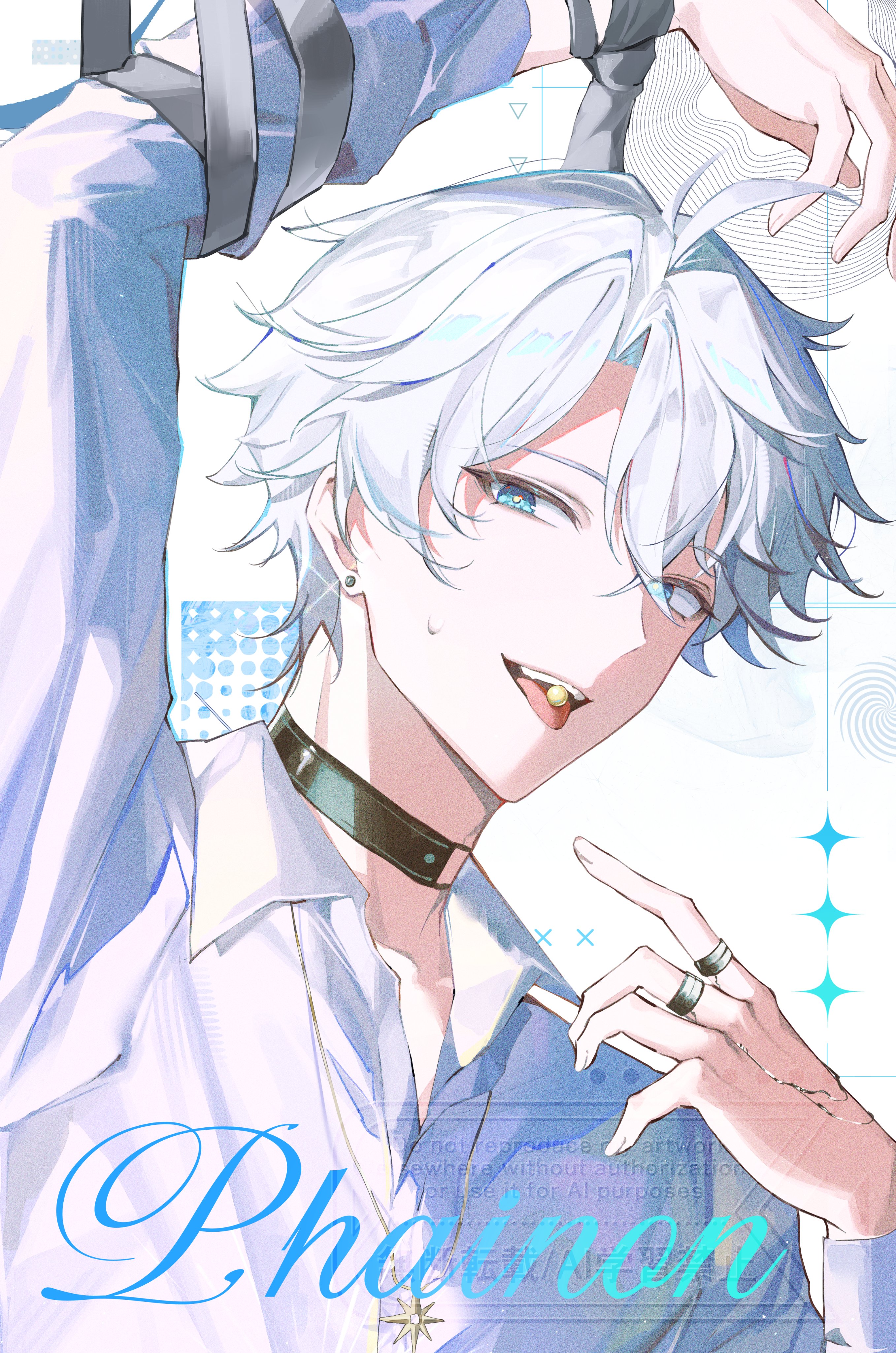r aeel, phainon (honkai: star rail), honkai: star rail, honkai (series), absurdres, commentary, highres, symbol-only commentary, 1boy, ahoge, arm up, black choker, blue eyes, character name, choker, collared shirt, hair between eyes, hand up, long sleeves, looking at viewer, male focus, open mouth, portrait, shirt, short hair, smile, solo, sweatdrop, tongue, watermark, white background, white hair, white shirt