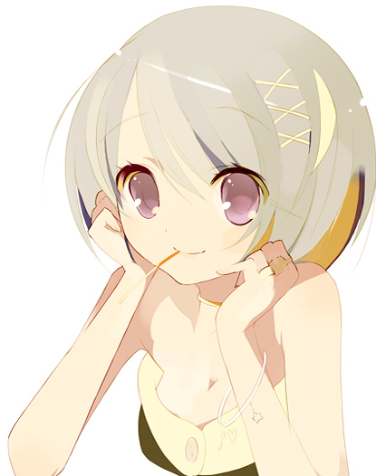 kaede (sayappa), sayappa, original, eyebrows, silver hair, 1girl, albino, bare shoulders, bob cut, bracelet, breasts, buttons, choker, cleavage, closed mouth, eyelashes, female focus, hair ornament, hands on own cheeks, hands on own face, head rest, jewelry, mouth hold, purple eyes, ring, short hair, simple background, small breasts, smile, solo, star (symbol), strapless, swept bangs, upper body, white background, x hair ornament