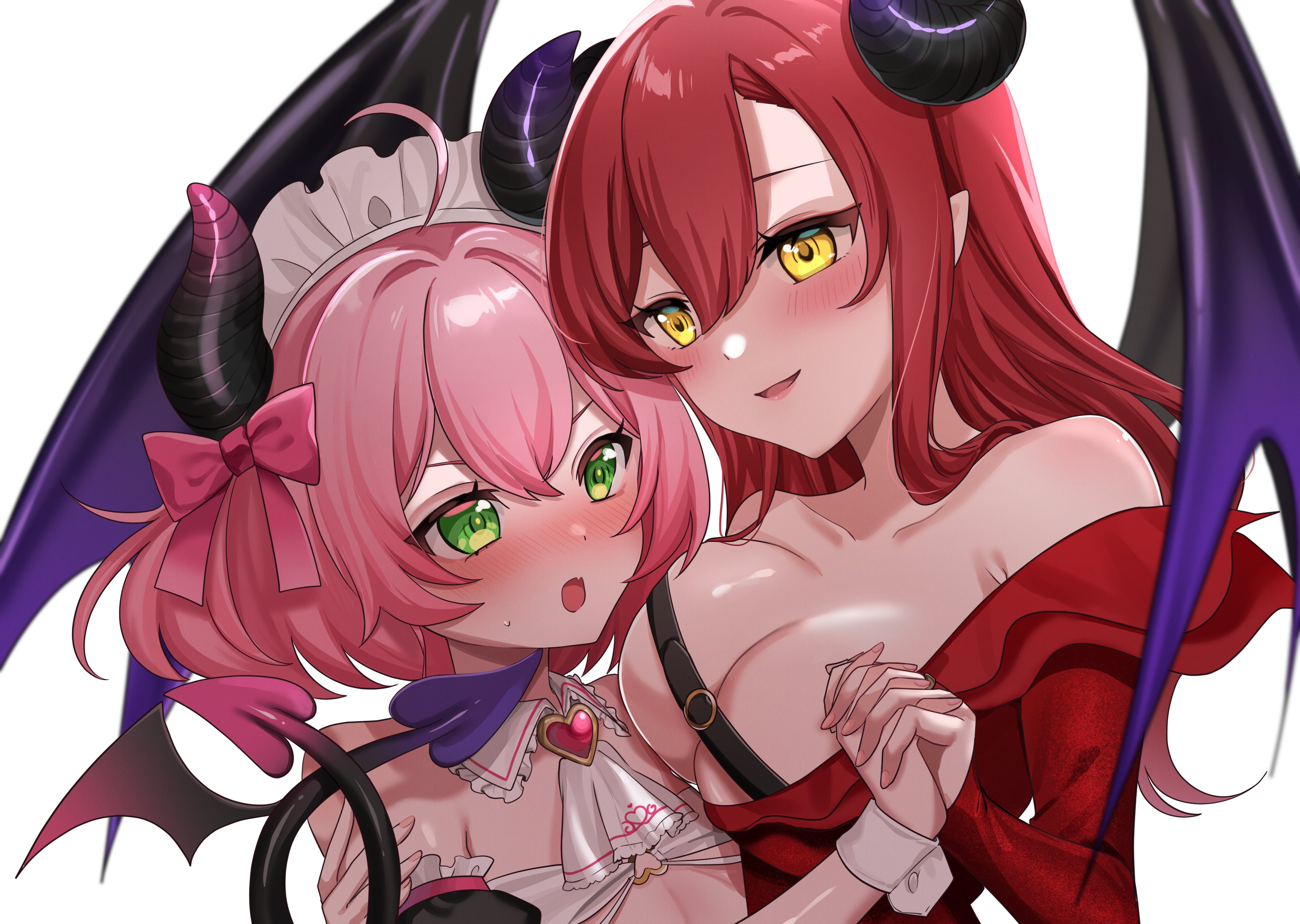 wei yong, original, absurdres, highres, 2girls, ahoge, belt bra, blush, bra, demon girl, demon horns, demon tail, demon wings, detached sleeves, dress, green eyes, heart ornament, horns, interlocked fingers, jewelry, long hair, maid headdress, multiple girls, off shoulder, pink hair, pointy ears, red dress, red hair, red ribbon, ribbon, ring, short hair, short twintails, simple background, sweatdrop, tail, twintails, underwear, white background, white bra, white wrist cuffs, wings, wrist cuffs, yellow eyes, yuri