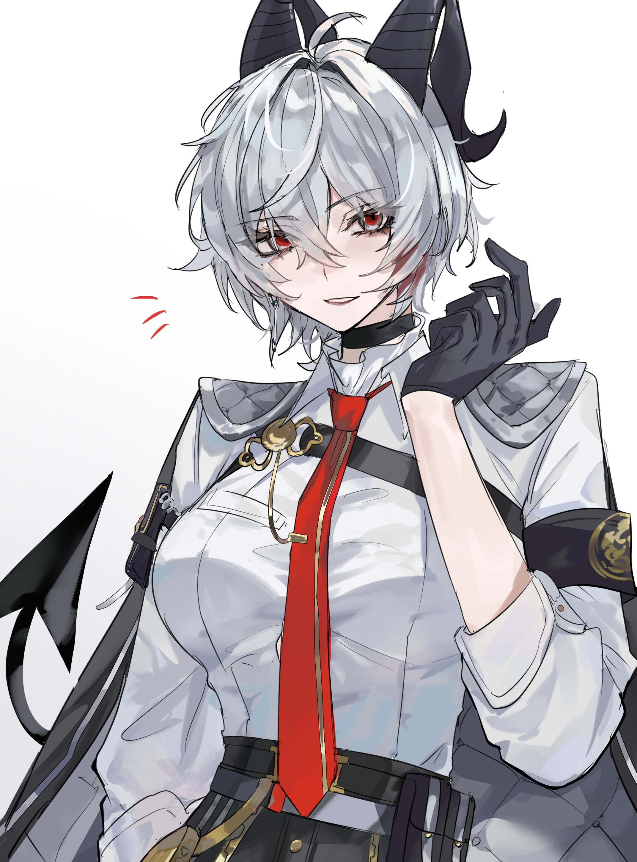 inishie no tanaka, zani (wuthering waves), wuthering waves, absurdres, commentary request, highres, revision, 1girl, ahoge, alternate hair length, alternate hairstyle, armband, black armband, black gloves, black horns, black jacket, black tail, breasts, chest harness, collared shirt, curled horns, demon tail, gloves, hair between eyes, hand up, harness, horns, jacket, jacket on shoulders, looking at viewer, medium breasts, multicolored hair, necktie, notice lines, red eyes, red necktie, shirt, shirt tucked in, short hair, simple background, solo, streaked hair, tail, white background, white shirt