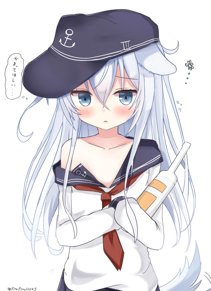 pinoaisu, hibiki (kancolle), kantai collection, anchor symbol, black sailor collar, blue eyes, bottle, flat cap, folded ponytail, grey hair, hammer and sickle, hat, horosho, long hair, neckerchief, pleated skirt, red neckerchief, sailor collar, school uniform, serafuku, skirt, tail, wine bottle