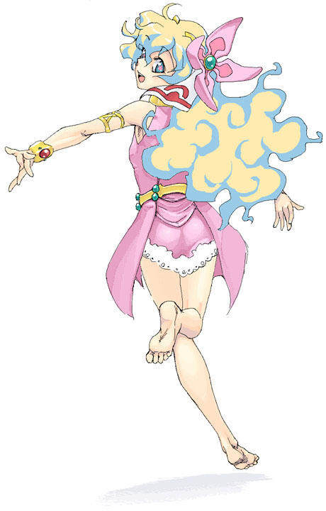 satou atsuki, nia teppelin, tengen toppa gurren lagann, 00s, 1girl, armlet, barefoot, bracelet, dress, feet, female focus, flower, hair flower, hair ornament, jewelry, long hair, looking back, multicolored hair, pink dress, pink skirt, skirt, sleeveless, solo