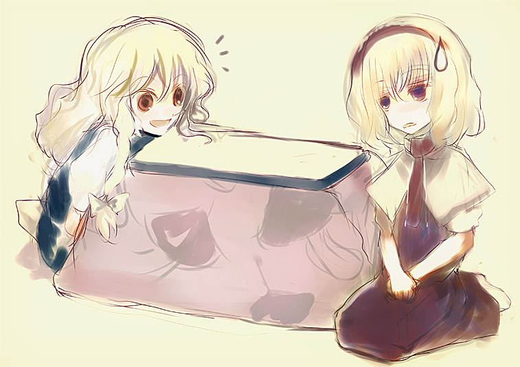nokishita, alice margatroid, kirisame marisa, touhou, 2girls, ^^^, annoyed, blonde hair, braid, brown eyes, capelet, female focus, hairband, kotatsu, multiple girls, seiza, side braid, simple background, sitting, sketch, smile, sweatdrop, table, v arms