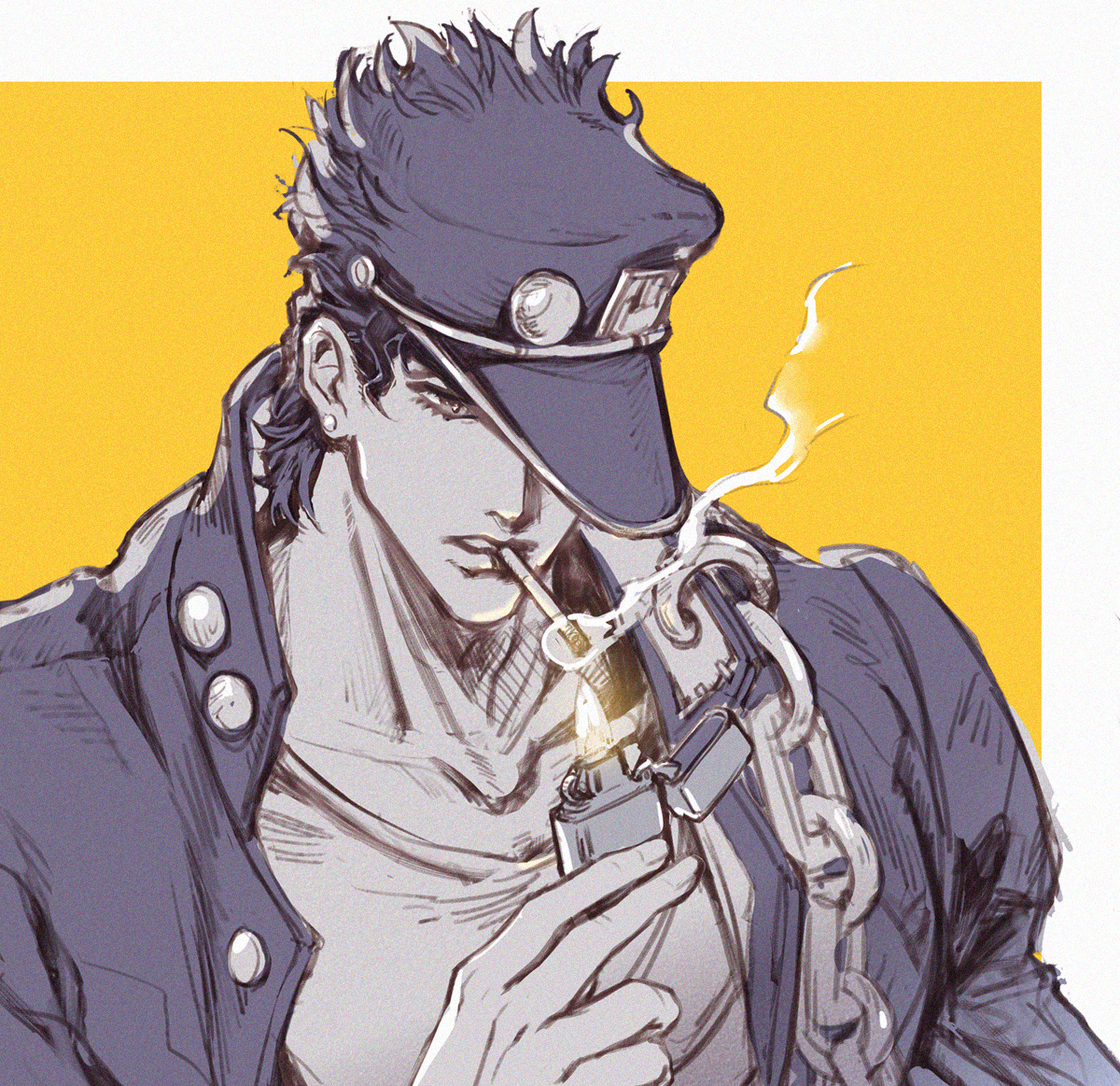 70491014 (argon-1014-), kuujou joutarou, jojo no kimyou na bouken, stardust crusaders, chinese commentary, commentary request, 1boy, chain, cigarette, greyscale with colored background, hat, holding, holding lighter, lighter, lighting cigarette, male focus, mouth hold, open clothes, peaked cap, simple background, smoke, smoke trail, solo, spot color, upper body