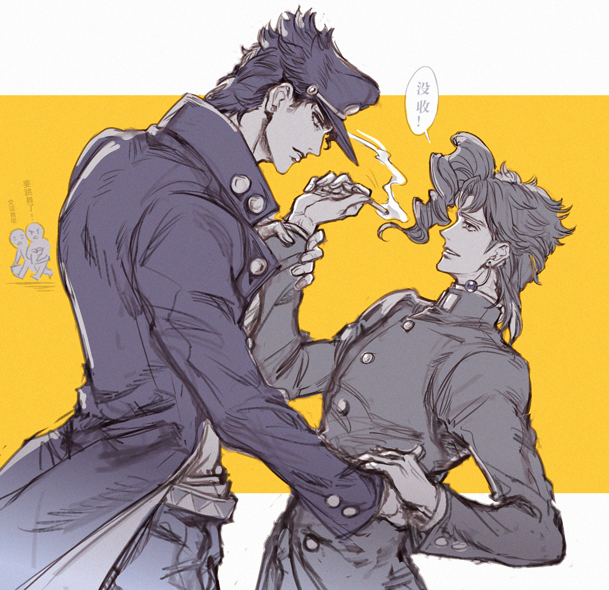 70491014 (argon-1014-), kakyoin noriaki, kuujou joutarou, jojo no kimyou na bouken, stardust crusaders, chinese commentary, commentary request, translated, 2boys, 2others, asymmetrical hair, cherry earrings, cigarette, coat, earrings, eye contact, food-themed earrings, food themed earrings, from side, gakuran, greyscale with colored background, hand on another's waist, hand on another's wrist, hat, holding, holding another's wrist, holding cigarette, jewelry, long coat, looking at another, male focus, multiple boys, multiple others, parted lips, peaked cap, profile, school uniform, simple background, smoke, smoke trail, speech bubble, yaoi