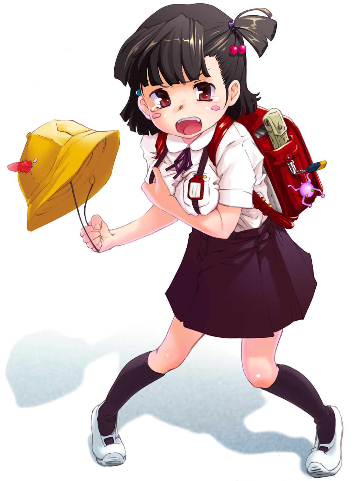 st+1, original, highres, backpack, bag, breasts, grabbing own breast, kneehighs, large breasts, oppai loli, randoseru, socks, solo