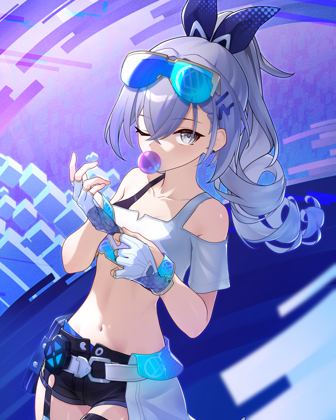 tokonagi yori, silver wolf (honkai: star rail), honkai: star rail, honkai (series), highres, 1girl, bare shoulders, belt, black shorts, blowing bubble gum, blue ribbon, bra strap, chewing gum, collarbone, cowboy shot, crop top, eyewear on head, fingerless gloves, gloves, grey eyes, grey hair, hair ornament, hair ribbon, hairclip, long hair, looking at viewer, midriff, navel, off-shoulder shirt, off shoulder, one eye closed, ponytail, ribbon, shirt, short shorts, short sleeves, shorts, solo, standing, stomach, sunglasses, white belt, white shirt