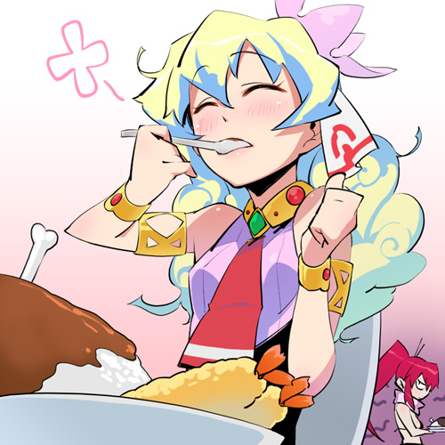 gun zi (i&eyes), nia teppelin, yoko littner, tengen toppa gurren lagann, lowres, 00s, 2girls, armlet, blush, bracelet, closed eyes, curry, eating, flower, food, hair flower, hair ornament, jewelry, long hair, multicolored hair, multiple girls, shrimp, shrimp tempura, sleeveless, spoon, tempura, thumbs up