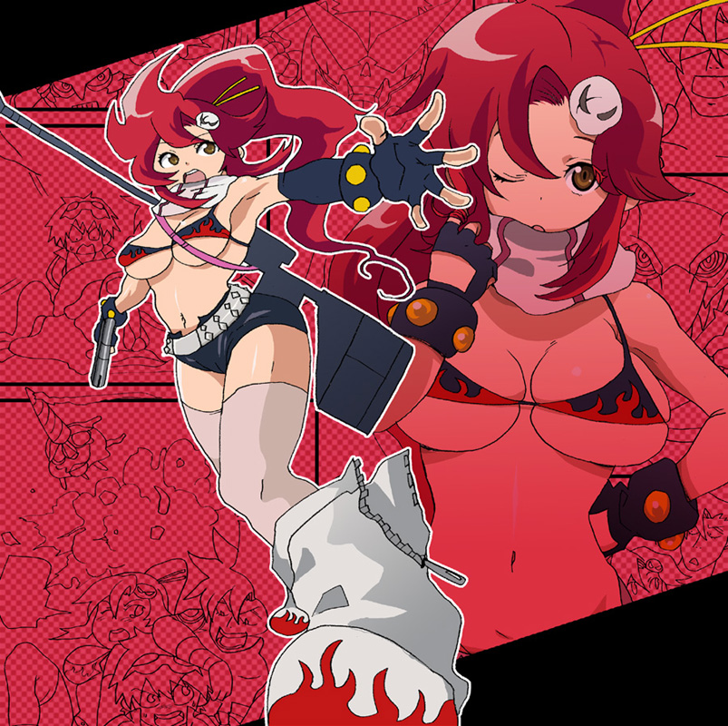 fk696, kamina (ttgl), simon (ttgl), yoko littner, tengen toppa gurren lagann, looking away, white footwear, 00s, 1girl, :o, ;o, anti-materiel rifle, armpits, asymmetric gloves, asymmetrical gloves, belt, bikini, bikini top only, black gloves, black shorts, boots, breasts, eyelashes, flame print, floating hair, from below, gloves, gun, hair ornament, hair stick, hand on own hip, holding, large breasts, long hair, looking at viewer, looking to the side, midriff, multiple views, navel, one eye closed, outstretched arms, palms, ponytail, red hair, rifle, scarf, shorts, skull hair ornament, sniper rifle, solo focus, spread fingers, stomach, sunglasses, swimsuit, thighhighs, underboob, uneven gloves, unzipped, weapon, white thighhighs, yellow eyes