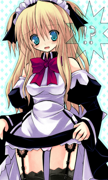 kannon ouji, shalon, quiz magic academy, clothes lift, garter belt, lingerie, skirt, skirt lift, solo, thighhighs, underwear