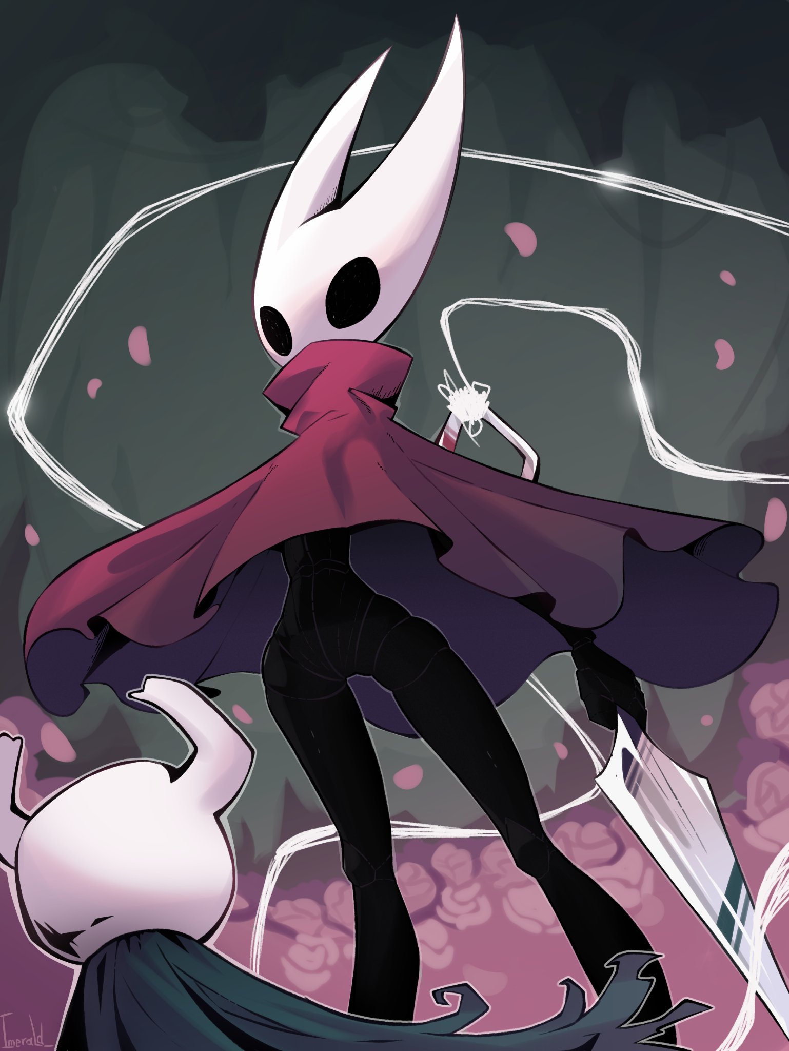 imerald, hornet (hollow knight), knight (hollow knight), hollow knight, hollow knight: silksong, highres, 1girl, 1other, arthropod girl, black skin, cloak, colored skin, flower, grey cloak, hollow eyes, horned mask, light trail, mask, needle (hollow knight), petals, red cloak, rose, rose petals, solo focus, standing, white mask