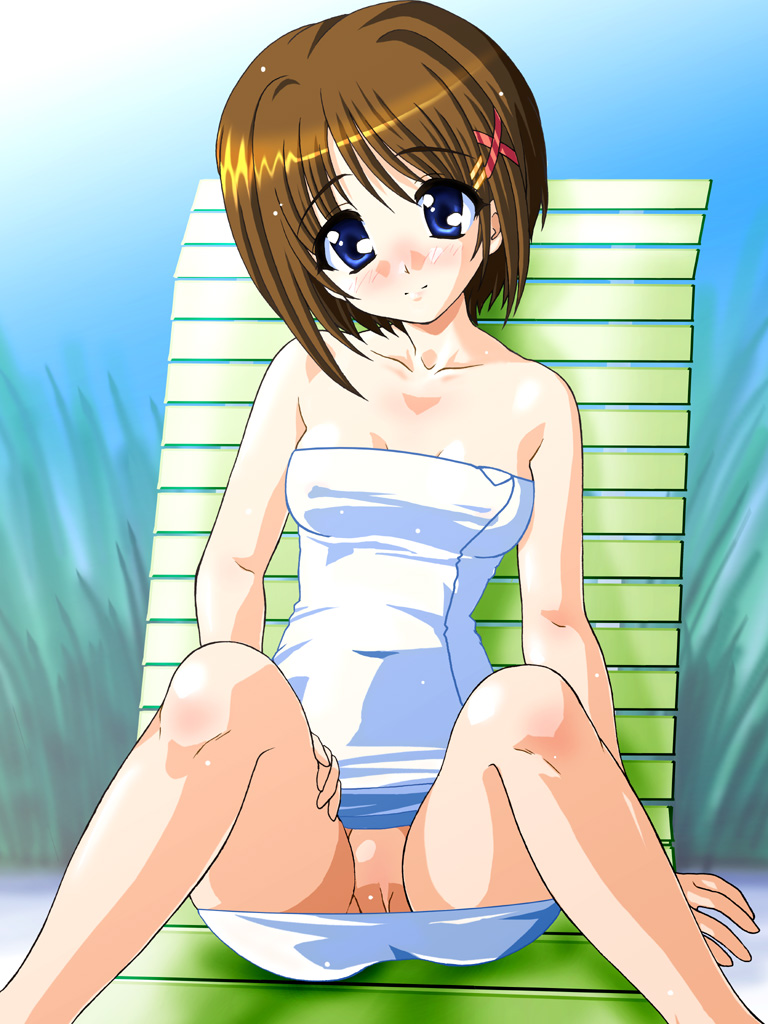 masutaauu, yagami hayate, lyrical nanoha, mahou shoujo lyrical nanoha, mahou shoujo lyrical nanoha a's, 00s, 1girl, artistic error, female focus, hair ornament, impossible towel, naked towel, no panties, pussy, solo, towel, uncensored, x hair ornament