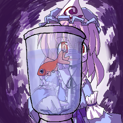 saigyouji yuyuko, touhou, lowres, 1girl, blender (object), crazy eyes, female focus, fish, goldfish, hat, oekaki, scary face, solo, water, will it blend