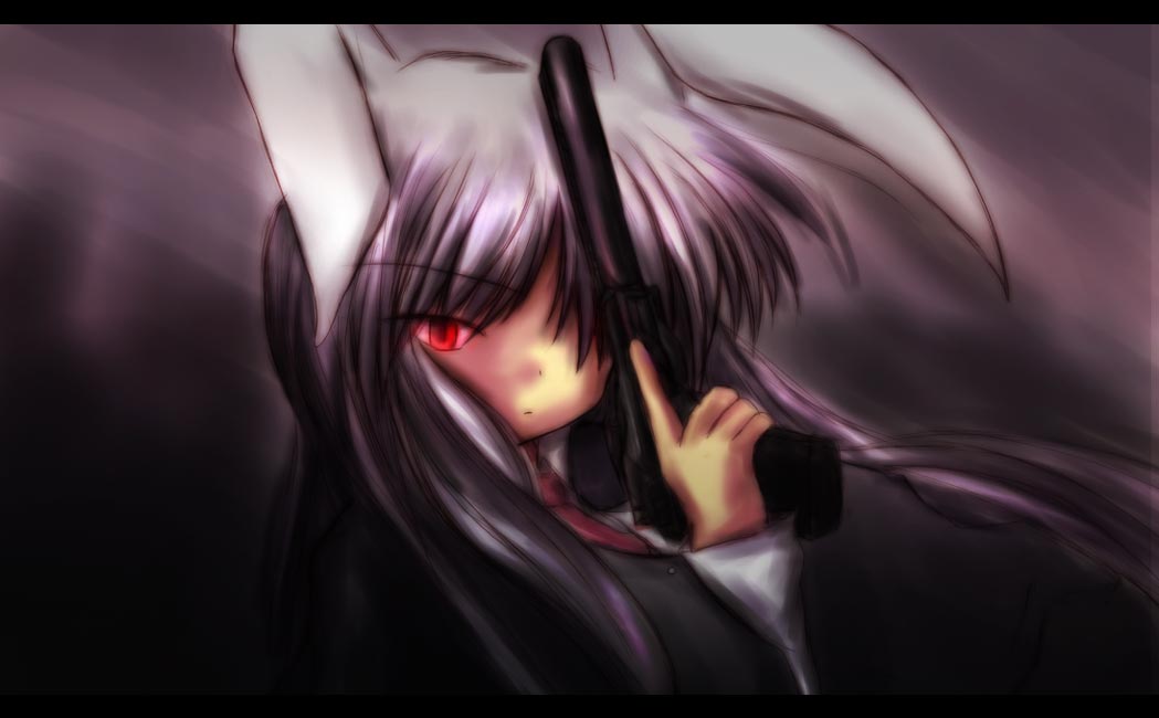 kouba, reisen udongein inaba, touhou, 1girl, animal ears, female focus, glowing, glowing eye, gun, letterboxed, long hair, purple hair, rabbit ears, red eyes, solo, trigger discipline, weapon