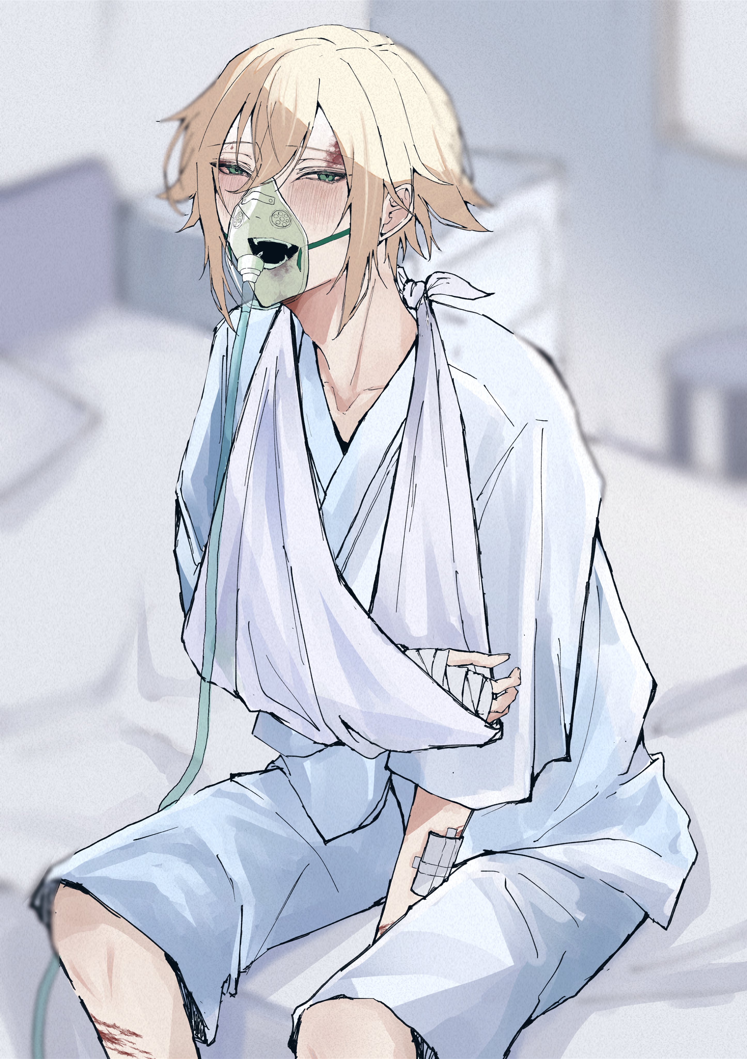 uzuki kou, nijisanji, absurdres, highres, 1boy, arm sling, bandaged arm, bandaged hand, bandages, bed, blonde hair, blood, blood on leg, blurry, blurry background, bruise, bruise on face, exhausted, green eyes, hair between eyes, half-closed eyes, hospital bed, hospital gown, indoors, injury, intravenous drip, light blush, looking at viewer, male focus, medium hair, messy hair, nanmoneeeee, open mouth, oxygen mask, parted bangs, sidelocks, sitting, solo, virtual youtuber