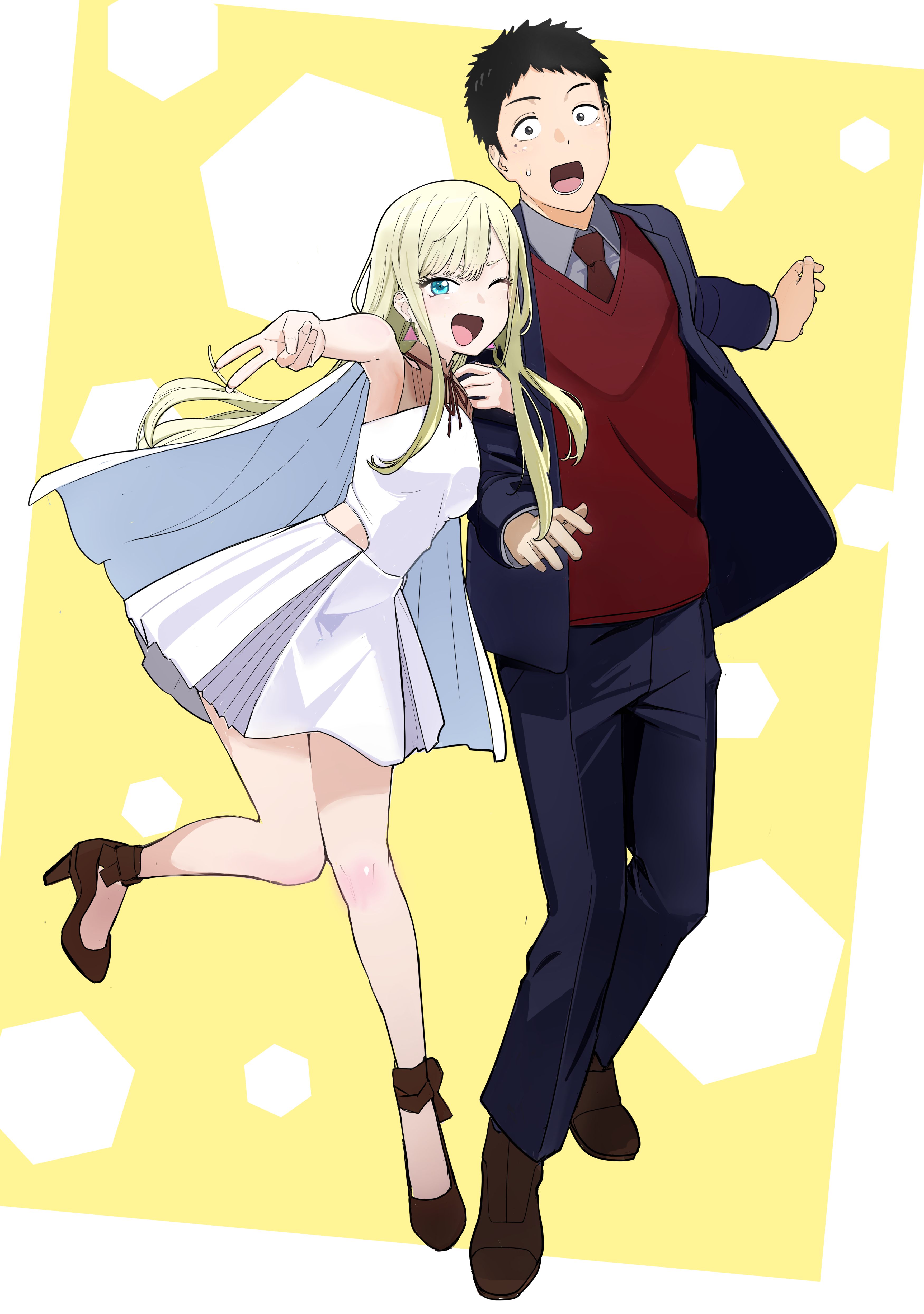 yorozu (user auaz7473), gigi andalusia, gojou wakana, hathaway noa, kitagawa marin, gundam, gundam hathaway's flash, sono bisque doll wa koi wo suru, absurdres, commentary request, highres, 1boy, 1girl, black hair, blonde hair, border, cosplay, crossover, dress, earrings, full body, gigi andalusia (cosplay), grey eyes, hathaway noa (cosplay), jewelry, long hair, look-alike, looking at viewer, necktie, one eye closed, short hair, triangle earrings, v, white border, white dress, yellow background