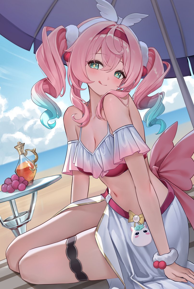 lunacle, hyacine (honkai: star rail), little ica (honkai: star rail), honkai: star rail, honkai (series), commentary, highres, paid reward available, symbol-only commentary, 1girl, :q, alternate costume, bare shoulders, beach, beach umbrella, bikini, blue sky, bottle, breasts, character charm, charm (object), cleavage, closed mouth, collarbone, colored tips, day, food, frilled bikini, frills, fruit, grapes, green eyes, hair between eyes, hairband, light blush, long hair, looking at viewer, medium breasts, multicolored hair, navel, ocean, outdoors, pink bikini, pink hair, pink hairband, sitting, sky, smile, solo, stomach, swimsuit, thigh strap, tongue, tongue out, twintails, umbrella, white hairband, yellow pupils