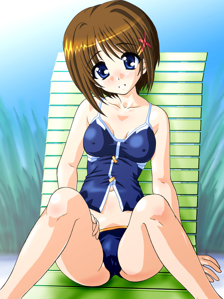 masutaauu, yagami hayate, lyrical nanoha, mahou shoujo lyrical nanoha, mahou shoujo lyrical nanoha strikers, hand on thigh, 00s, 1girl, artistic error, bikini, blue bikini, blue eyes, blue one-piece swimsuit, blue sky, blush, breasts, brown hair, cameltoe, chair, cleavage, covered erect nipples, crotch, day, female focus, grass, grin, hair ornament, hairclip, hand on own thigh, head tilt, looking at viewer, lounge chair, medium breasts, navel, nose blush, one-piece swimsuit, outdoors, short hair, sitting, sky, smile, solo, spread legs, sun, swimsuit, tankini, x hair ornament