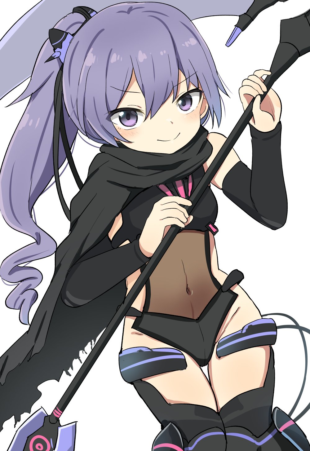 tonari (ichinichime azuma), takase rio, ongeki, highres, 1girl, black cape, breasts, cape, detached sleeves, hair between eyes, high ponytail, holding, leotard, long hair, looking at viewer, ponytail, purple eyes, purple hair, scarf, small breasts, smile, solo, thigh gap, thighhighs, weapon, white background