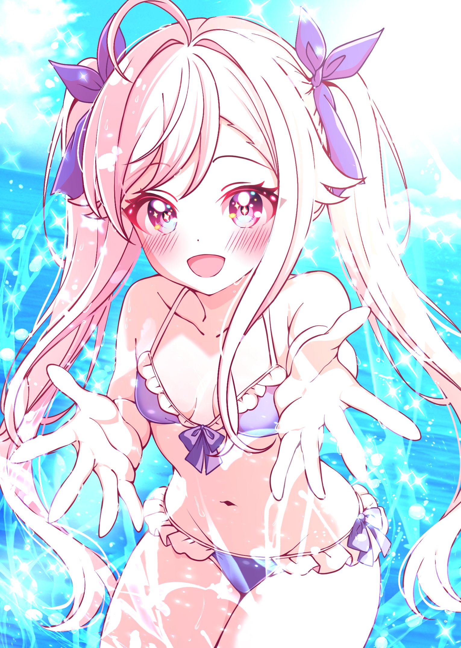 niizuma yae, world dai star, highres, 1girl, :d, ahoge, antenna hair, bare arms, bare shoulders, bikini, blue bikini, blush, breasts, collarbone, day, frilled bikini, frills, hair ribbon, kanaria chick, long hair, looking at viewer, navel, ocean, open mouth, outdoors, outstretched arm, outstretched hand, purple bikini, ribbon, small breasts, smile, solo, sparkle, swimsuit, twintails, very long hair, water