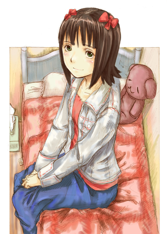 shaun (nine o), amami haruka, idolmaster, idolmaster (classic), idolmaster 1, 00s, 1girl, bed, blush, bow, brown hair, condom, condom wrapper, female focus, green eyes, hair bow, hands on lap, jacket, looking at viewer, on bed, pillow, short hair, sitting, smile, solo, stuffed animal, stuffed toy, teddy bear, tissue box, u53e3u81edu885bu751fu5c40