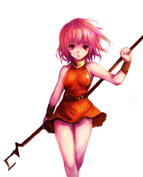 kara (color), lenna charlotte tycoon, final fantasy, final fantasy v, 1990s (style), 1girl, bare shoulders, breasts, feet out of frame, female focus, holding, holding staff, legs, looking at viewer, medium breasts, orange shirt, orange skirt, pink eyes, pink hair, retro artstyle, shirt, short hair, simple background, skirt, sleeveless, solo, staff, standing, weapon, white shirt