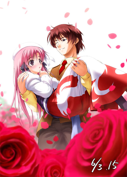 kazami haruki, 1boy, 1girl, bow, brown eyes, brown hair, carrying, couple, dress, flower, hair ribbon, hetero, long hair, one eye closed, pink hair, princess carry, red rose, ribbon, rose, smile, white background
