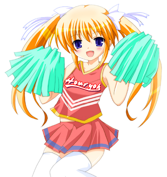 yamasaki tomoya, original, 1girl, bare shoulders, blonde hair, blue eyes, blush, cheerleader, collarbone, dot nose, fang, female focus, long hair, pom pom (cheerleading), simple background, solo, thighhighs, twintails, white background, zettai ryouiki