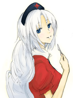 shikai (iesiki 56), yagokoro eirin, touhou, lowres, 1girl, female focus, scalpel, shikai, simple background, solo