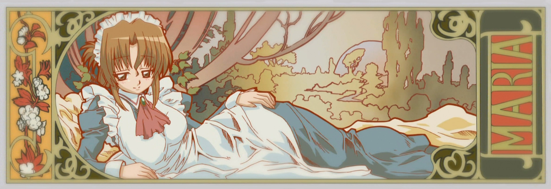 maria (hayate no gotoku!), hayate no gotoku!, anime screenshot, highres, long image, stitched, third-party edit, wide image, 00s, 1girl, art nouveau, character name, female focus, folded ponytail, hair between eyes, outdoors, solo