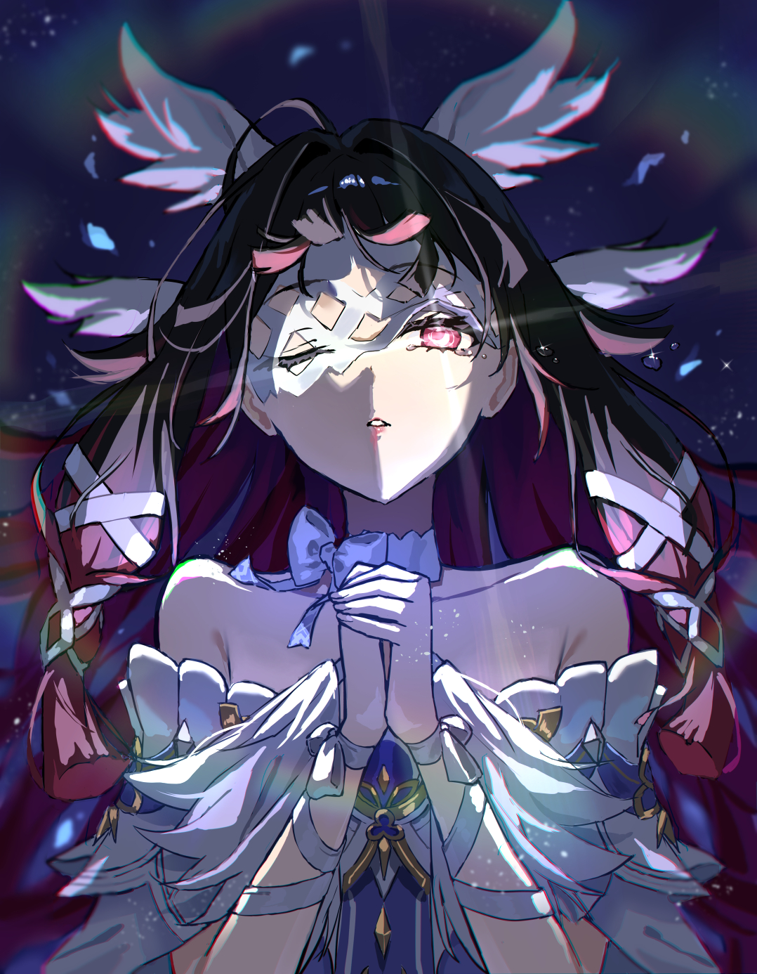 uuroncha, columbina (genshin impact), genshin impact, highres, 1girl, bare shoulders, black hair, collarbone, eye mask, long hair, looking at viewer, multicolored hair, one eye closed, open mouth, parted lips, pink hair, praying, streaked hair, tears, two-tone hair, very long hair, white mask, wings, x-shaped eyewear