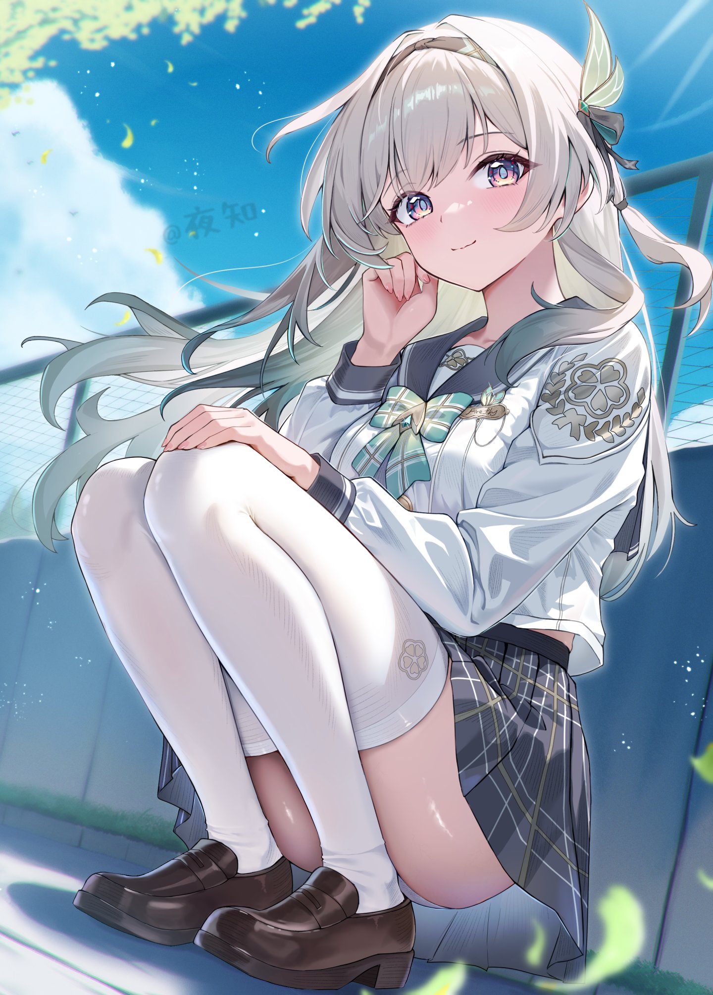 night known, firefly (honkai: star rail), firefly (spring missive) (honkai: star rail), honkai: star rail, honkai (series), commentary request, highres, 1girl, black hairband, blue eyes, blue sky, bow, bowtie, brown shoes, closed mouth, gradient eyes, green bow, green bowtie, grey hair, grey sailor collar, grey skirt, hairband, light blush, loafers, long hair, long sleeves, looking at viewer, multicolored eyes, outdoors, panties, pantyshot, plaid bow, plaid bowtie, plaid clothes, plaid skirt, purple eyes, sailor collar, shirt, shoes, skirt, sky, solo, squatting, thighhighs, underwear, white panties, white shirt, white thighhighs