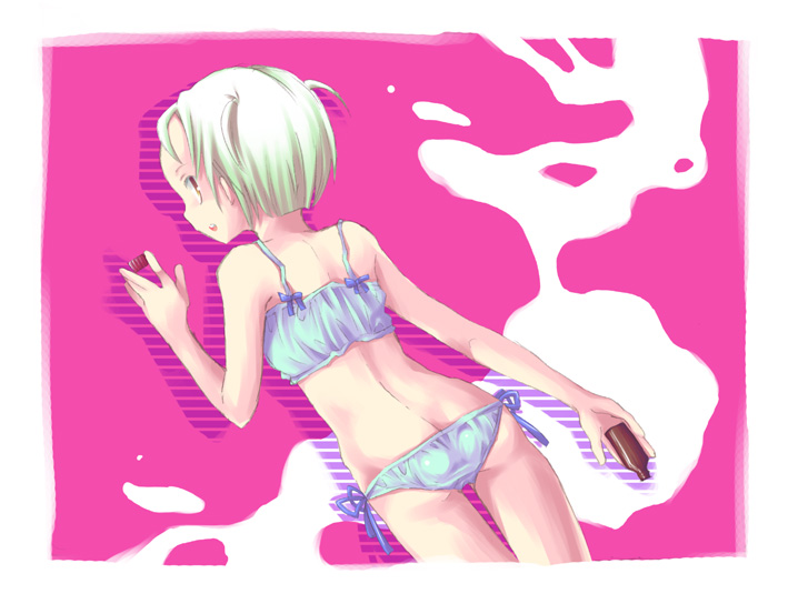 dobato, higurashi no naku koro ni, original, 00s, 1girl, blue panties, bra, camisole, female focus, lingerie, panties, side-tie panties, solo, underwear, underwear only