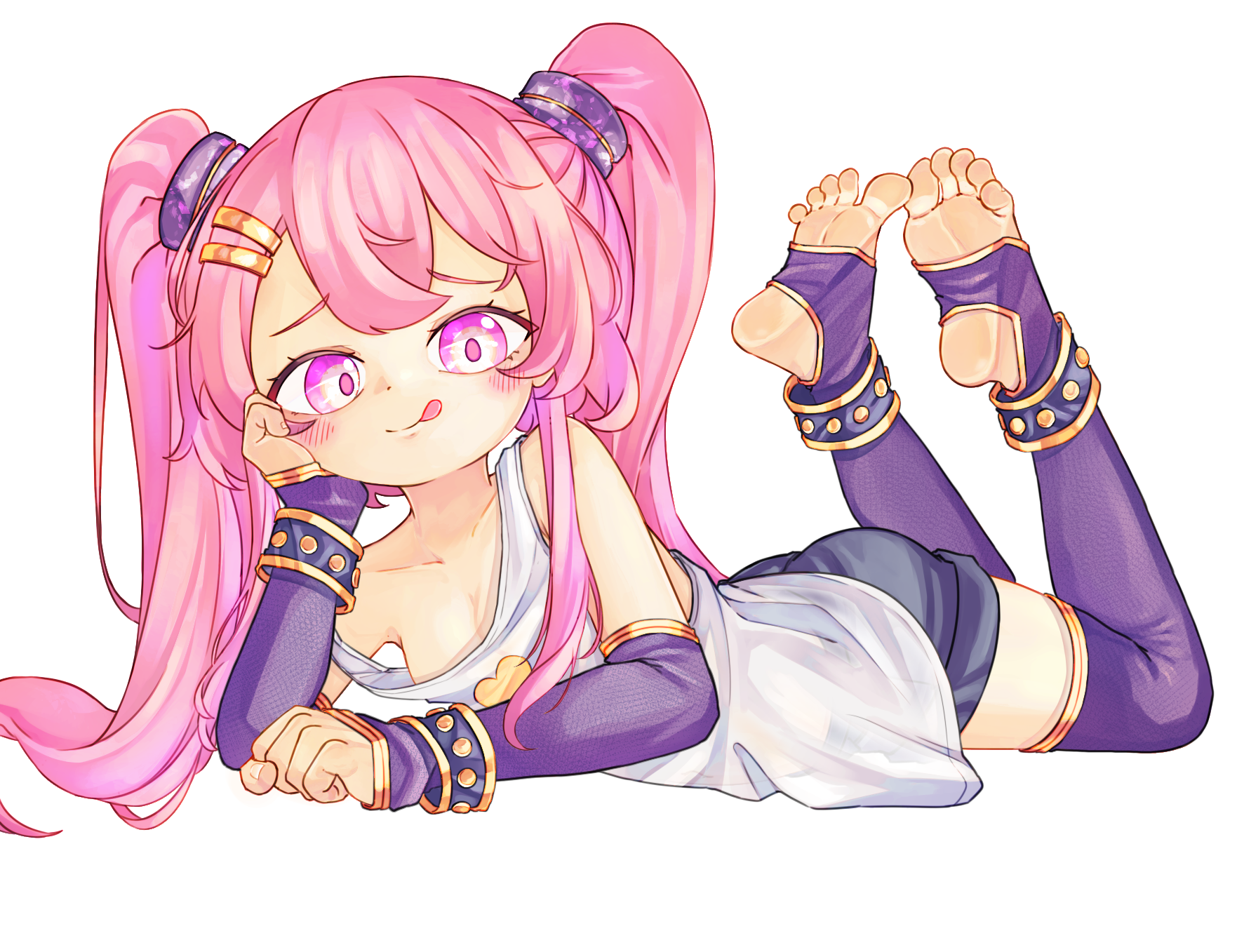 chaosexceed, original, commentary, highres, paid reward available, 1girl, feet, hair ornament, long hair, lying, on stomach, pink eyes, pink hair, shorts, simple background, soles, solo, the pose, thighhighs, toeless legwear, toes, tongue, tongue out, twintails, white background