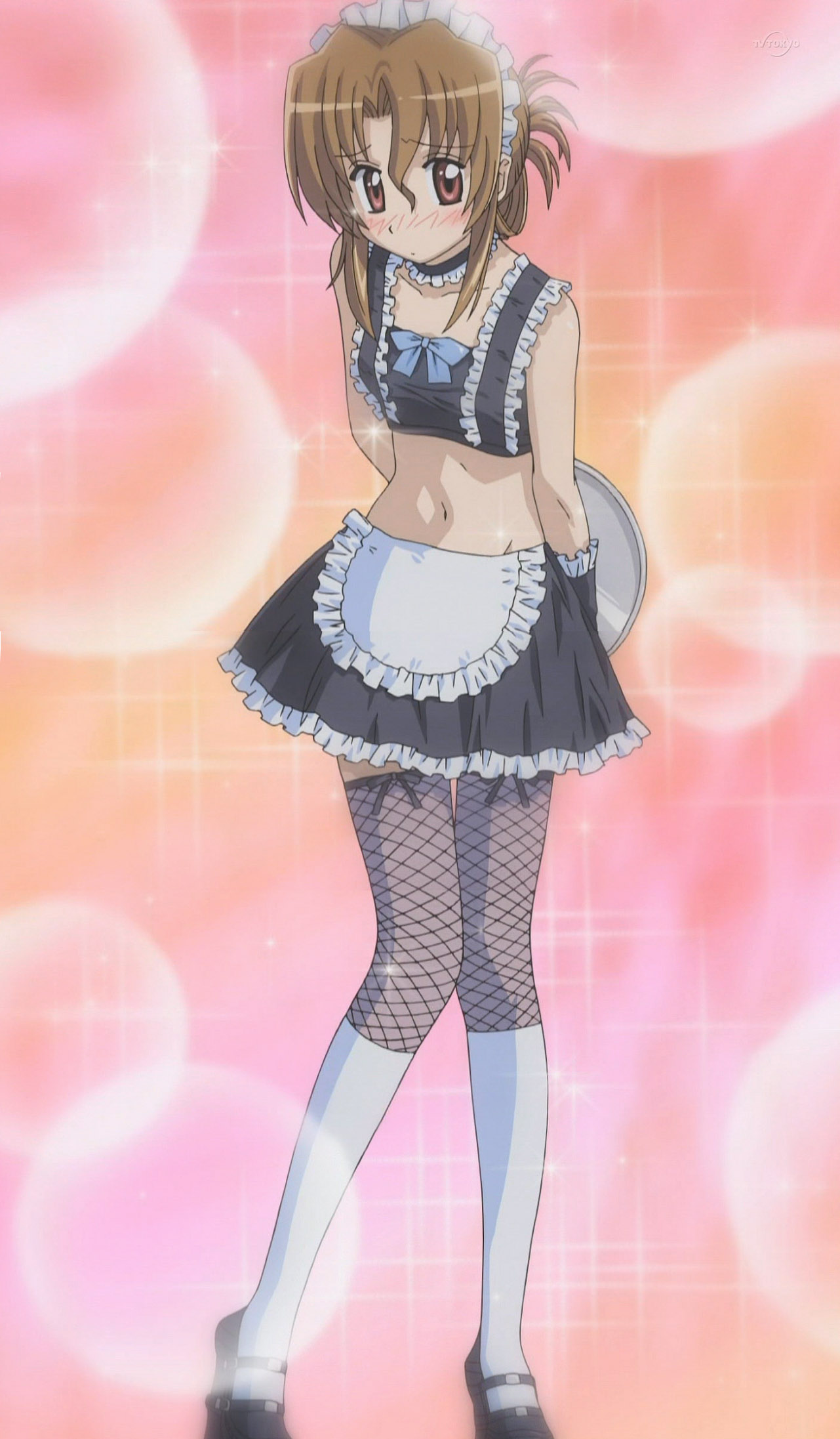 maria (hayate no gotoku!), hayate no gotoku!, anime screenshot, highres, stitched, third-party edit, 00s, 1girl, blush, choker, female focus, fishnet thighhighs, fishnets, folded ponytail, maid, solo, thighhighs