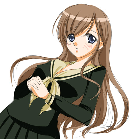 sinko (sinsin), toudou shimako, maria-sama ga miteru, lowres, 00s, 1girl, black serafuku, black skirt, blue eyes, brown hair, female focus, long sleeves, looking at viewer, neckerchief, own hands together, pleated skirt, school uniform, serafuku, simple background, skirt, solo, white background, white neckerchief