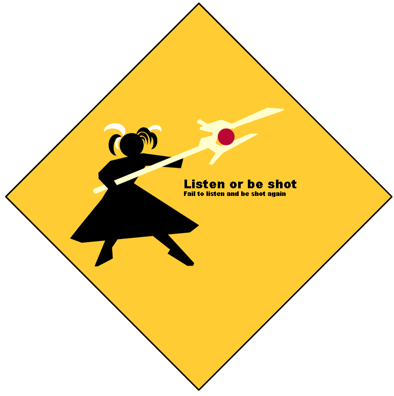 raising heart, takamachi nanoha, lyrical nanoha, mahou shoujo lyrical nanoha, 00s, 1girl, female focus, magical girl, sign, silhouette, solo, twintails, warning sign, white devil