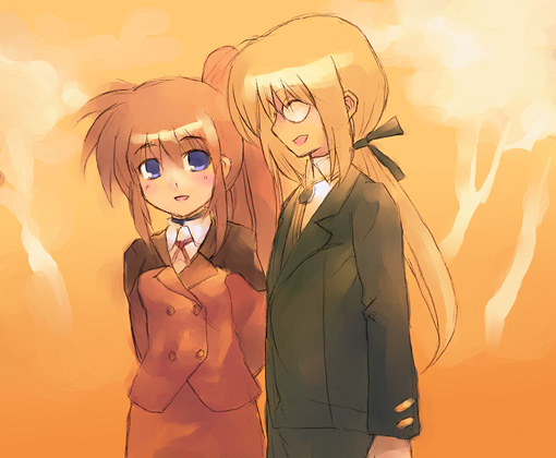 takamachi nanoha, yuuno scrya, lyrical nanoha, mahou shoujo lyrical nanoha, mahou shoujo lyrical nanoha strikers, 00s, 1boy, 1girl, blonde hair, blue eyes, brown hair, formal clothes, glasses, long hair, military, military uniform, ponytail, side ponytail, smile, suit