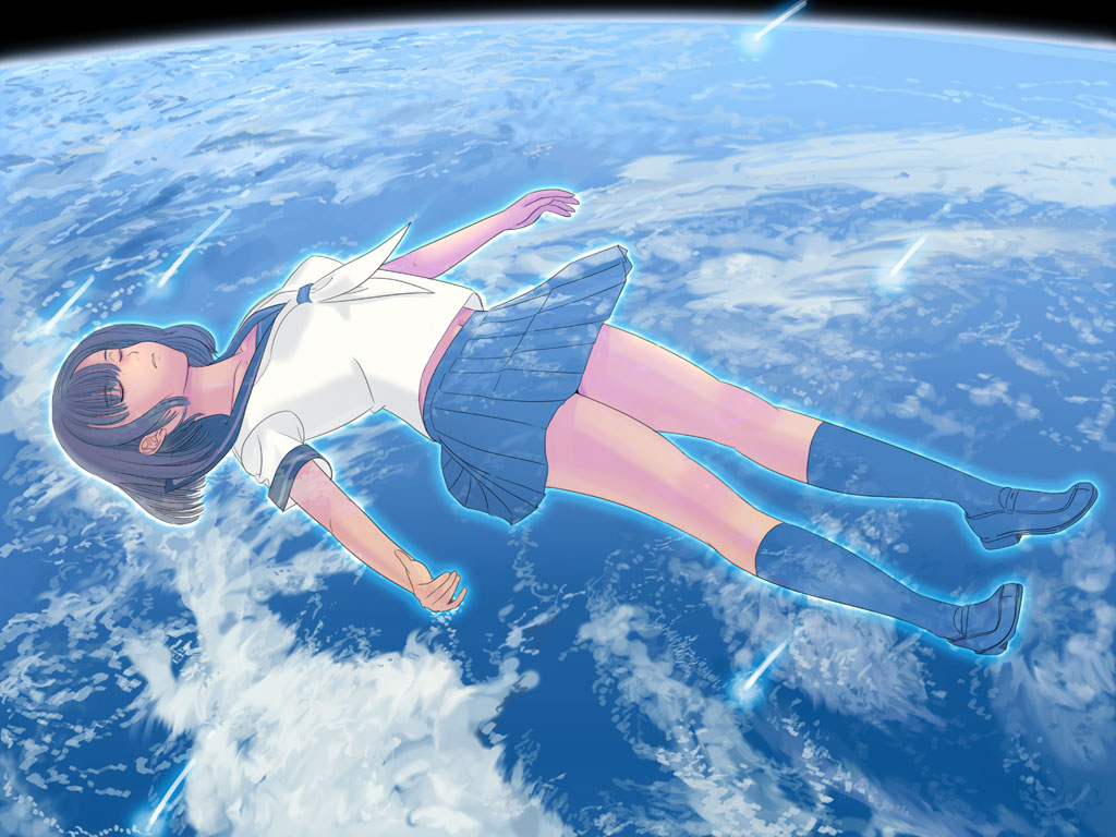 kiriman (souldeep), original, 1girl, closed eyes, female focus, floating, orbit, school uniform, serafuku, short hair, solo, space