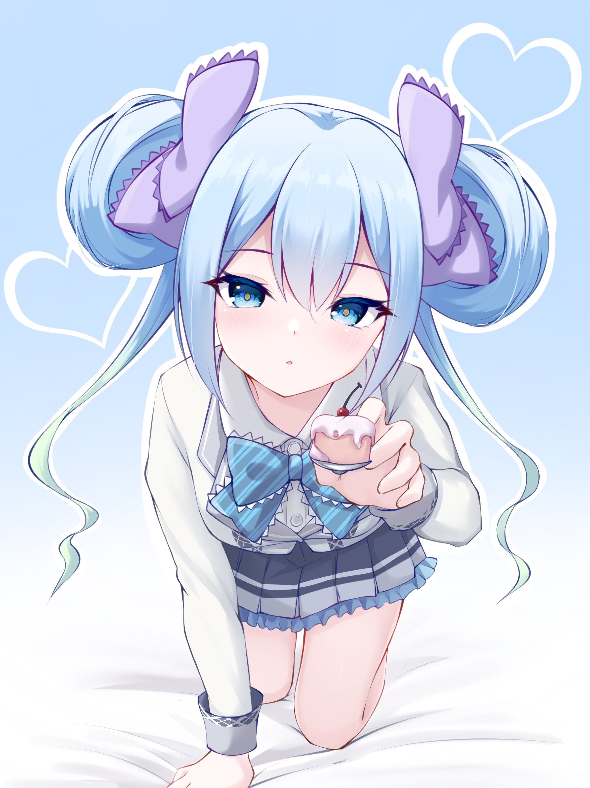 canian, suzushima arisu, ongeki, absurdres, highres, 1girl, blue background, blue bow, blue eyes, blue hair, blush, bow, food, hair between eyes, heart, long hair, long sleeves, looking at viewer, shirt, skirt, solo, twintails, white shirt