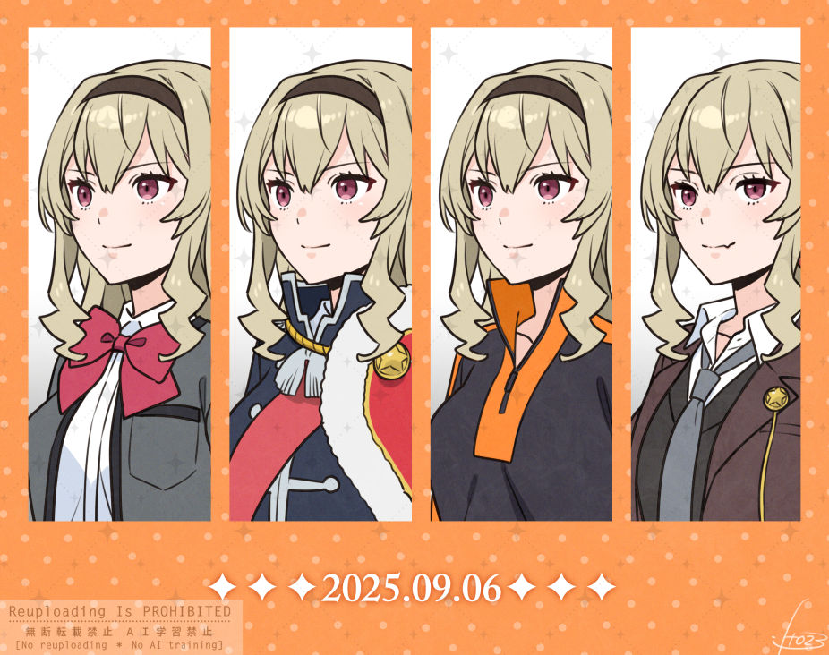 ito fumi, saijou claudine, shoujo kageki revue starlight, commentary request, 1girl, arm at side, artist name, black hairband, black shirt, black vest, blonde hair, bow, bowtie, breast pocket, brown jacket, closed mouth, collared shirt, column lineup, date pun, dated, fang, fur-trimmed jacket, fur trim, grey jacket, grey necktie, hair between eyes, hairband, high collar, jacket, jacket on shoulders, long hair, looking ahead, multiple views, necktie, number pun, official alternate costume, open clothes, open jacket, orange background, pink eyes, pocket, polka dot, polka dot background, red bow, red bowtie, red sash, sash, school uniform, seishou music academy uniform, shirt, shoulder sash, sidelocks, signature, skin fang, smile, sparkle, tassel, upper body, vest, watermark, white background, white shirt